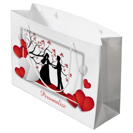 ロマンチックなカップルのシルエット赤いハートパーソナライズ ラージペーパーバッグ (裏面アングル)