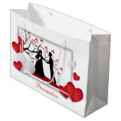 ロマンチックなカップルのシルエット赤いハートパーソナライズ ラージペーパーバッグ (正面アングル)
