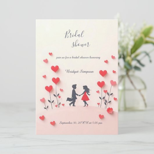 ロマンチックなカップルのシルエット赤いハートブライダルシャワー 招待状 (スタンド正面)