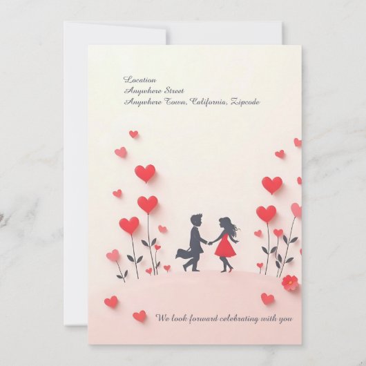 ロマンチックなカップルのシルエット赤いハートブライダルシャワー 招待状 (裏面)