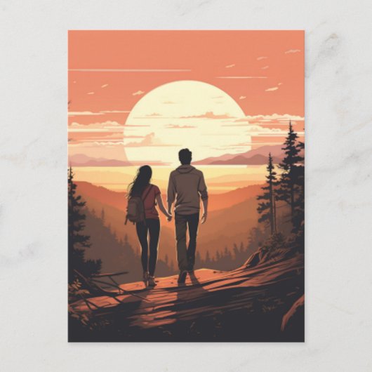 ロマンチックなカップルのハイキング ポストカード (正面)