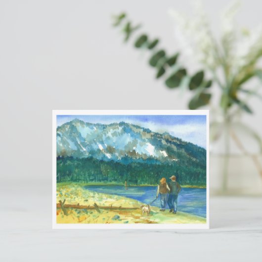 ロマンチックなカップルの愛の冬の湖のウォークウォーター色 ポストカード (スタンド正面)