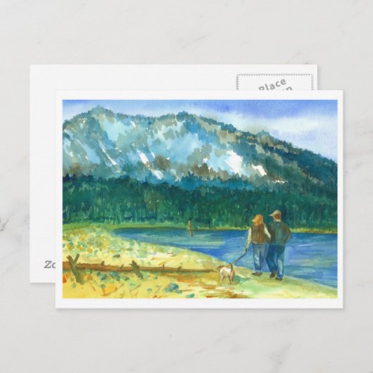 ロマンチックなカップルの愛の冬の湖のウォークウォーター色 ポストカード (正面/裏面)