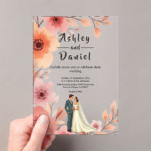 ロマンチックなカップルの水の色のフローラ結婚夏 アクリル招待状 (インサイチュ (ポータブル))