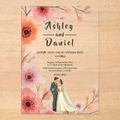 ロマンチックなカップルの水の色のフローラ結婚夏 アクリル招待状 (正面)