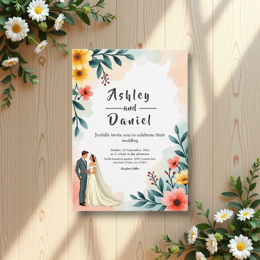ロマンチックなカップルの水の色のフローラ結婚夏 招待状