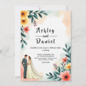 ロマンチックなカップルの水の色のフローラ結婚夏 招待状 (正面)