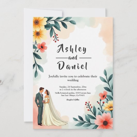 ロマンチックなカップルの水の色のフローラ結婚夏 招待状 (正面)