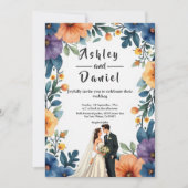 ロマンチックなカップルの水の色のフローラ結婚夏 招待状 (正面)