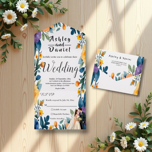 ロマンチックなカップルの水彩花イラストの夏のウェディング オールインワン招待状