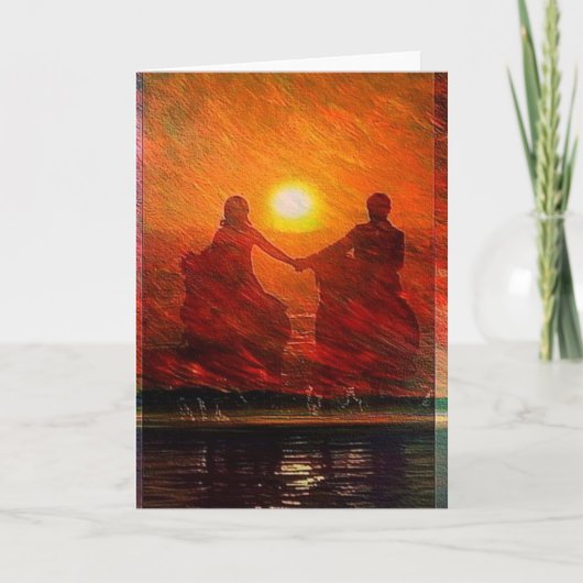 ロマンチックなカップルは乗馬で夕日に乗る シーズンカード (正面)