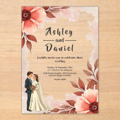 ロマンチックなカップルほこりっぽい水の色のフローラ結婚ズ アクリル招待状 (正面)