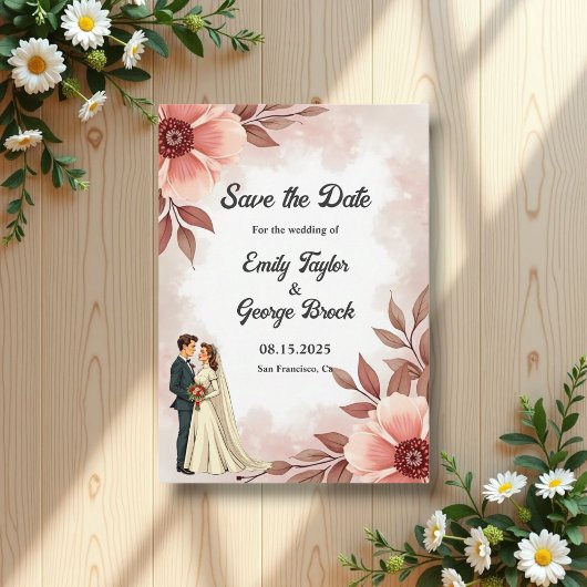 ロマンチックなカップルほこりっぽい水の色のフローラ結婚ズ セーブザデート