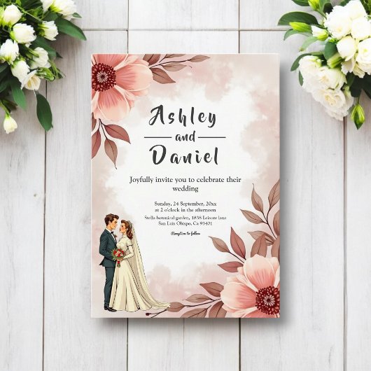 ロマンチックなカップルほこりっぽい水の色のフローラ結婚ズ 招待状