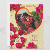 ロマンチックなカップルヴィンテージバレンタインハートとバラ カード (正面)