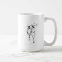 ロマンチックなカップル歩くで雨の傘と コーヒーマグカップ