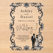 ロマンチックなカップル白黒のエレガントな結婚式 アクリル招待状 (正面)