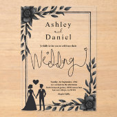 ロマンチックなカップル白黒のエレガントな結婚式 アクリル招待状 (正面)