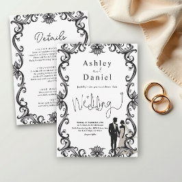 ロマンチックなカップル白黒のエレガントな結婚式 招待状