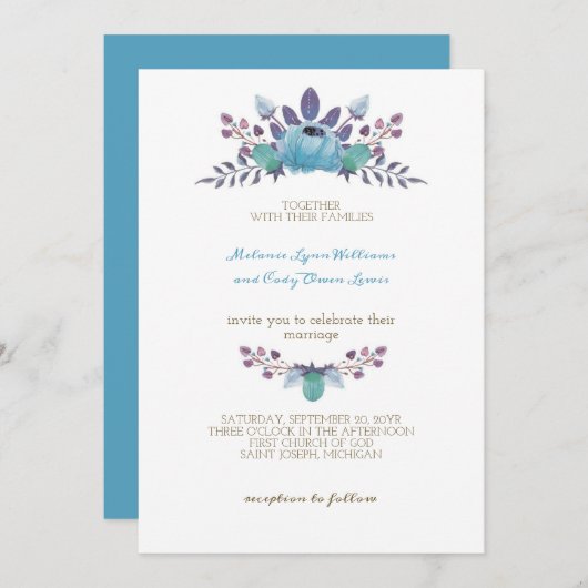 ロマンチックなカデットブルーフラワーズクラウン結婚ズ 招待状 (正面/裏面)
