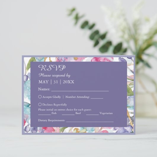 ロマンチックなカラフルの野花結婚の緑 出欠カード (スタンド正面)