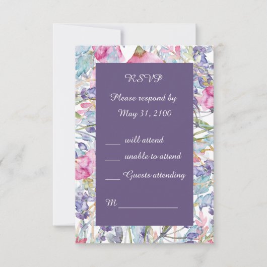 ロマンチックなカラフルワイルドフラワーの緑の結婚式RSVP 出欠カード (正面)