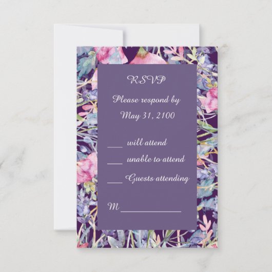 ロマンチックなカラフルワイルドフラワーの緑の結婚式RSVP 出欠カード (正面)