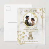 ロマンチックなカリグラフィー モノグラム フォト ウェディング オールインワン 案内ポストカード (正面/裏面)