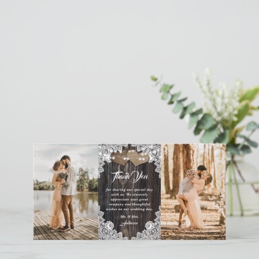 ロマンチックなカントリーウッドフローラ結婚レースの写真 サンキューカード (スタンド正面)