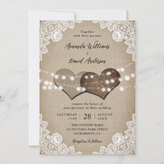 ロマンチックなカントリーバーラップライトズフローラレース結婚ズ 招待状 (正面)