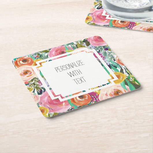 ロマンチックなガーデンウォーターカラーの花 スクエアペーパーコースター (アングル)
