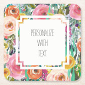 ロマンチックなガーデンウォーターカラーの花 スクエアペーパーコースター (正面)