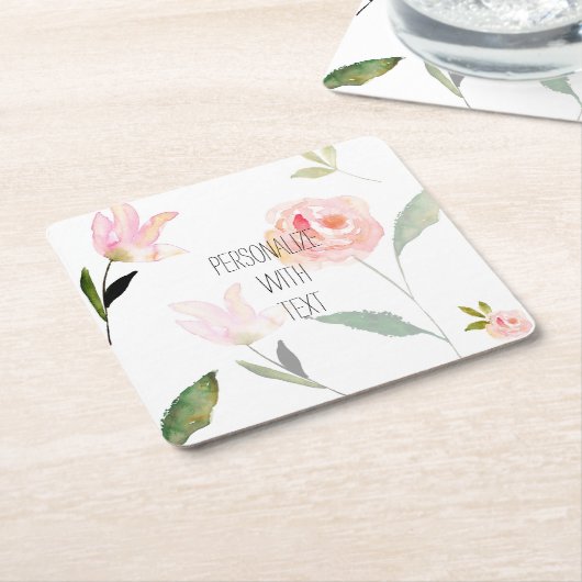 ロマンチックなガーデンウォーターカラーの花 スクエアペーパーコースター (アングル)