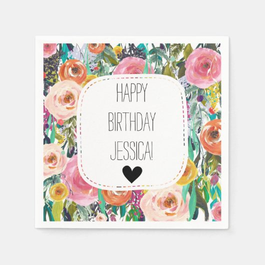 ロマンチックなガーデンウォーターカラーの花 スタンダードカクテルナプキン (正面)