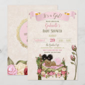 ロマンチックなガーデンベイビーシャワーピンクグリーンバラ 招待状 (正面/裏面)