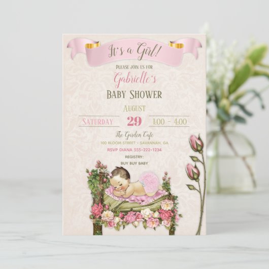 ロマンチックなガーデンベイビーシャワーピンクグリーンバラ 招待状 (スタンド正面)