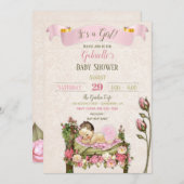 ロマンチックなガーデンベイビーシャワーピンクグリーンバラ 招待状 (正面/裏面)