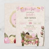 ロマンチックなガーデンベイビーシャワーピンクグリーンバラ 招待状 (正面/裏面)