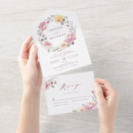 ロマンチックなガーデンマウヴフローラ結婚リース オールインワン招待状