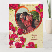 ロマンチックなキスヴィンテージバレンタインハートとバラ カード (正面)