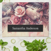 ロマンチックなキッチン：抽象芸術ハートピアノ音楽 キッチンタオル (折り畳み)