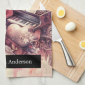 ロマンチックなキッチン：抽象芸術ハートピアノ音楽 キッチンタオル (四つ折り)