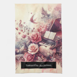 ロマンチックなキッチン:抽象芸術ハートピアノ音楽 キッチンタオル