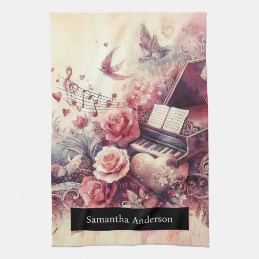 ロマンチックなキッチン：抽象芸術ハートピアノ音楽 キッチンタオル (縦)