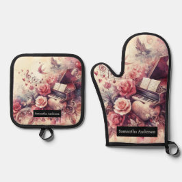 ロマンチックなキッチン:抽象芸術ハートピアノ音楽 鍋つかみ&鍋敷きセット