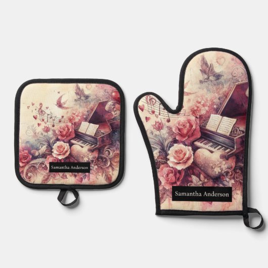 ロマンチックなキッチン:抽象芸術ハートピアノ音楽 鍋つかみ&鍋敷きセット (正面)