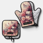 ロマンチックなキッチン:抽象芸術ハートピアノ音楽 鍋つかみ&鍋敷きセット (正面/裏面)