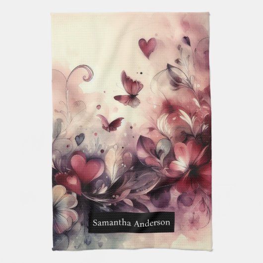 ロマンチックなキッチン：抽象芸術ハート蝶 キッチンタオル (縦)