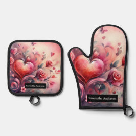 ロマンチックなキッチン:抽象芸術ハート 鍋つかみ&鍋敷きセット