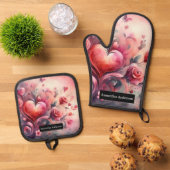 ロマンチックなキッチン:抽象芸術ハート 鍋つかみ&鍋敷きセット (トップダウン)